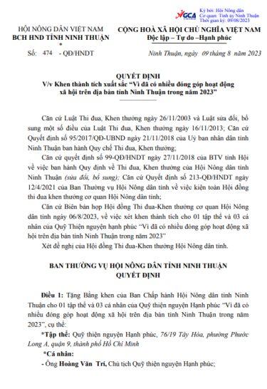 BCH Hội Nông dân tỉnh Ninh thuận khen thưởng tập thể và các cá nhân của Quỹ Thiện nguyện Hạnh phúc